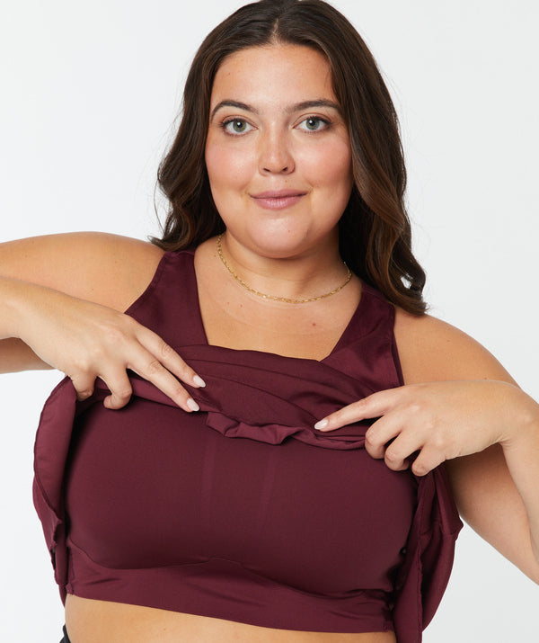 Model is 5’9, wears bra size 36DD, SheBird size 6 | Dark Cherry #color_dark cherry