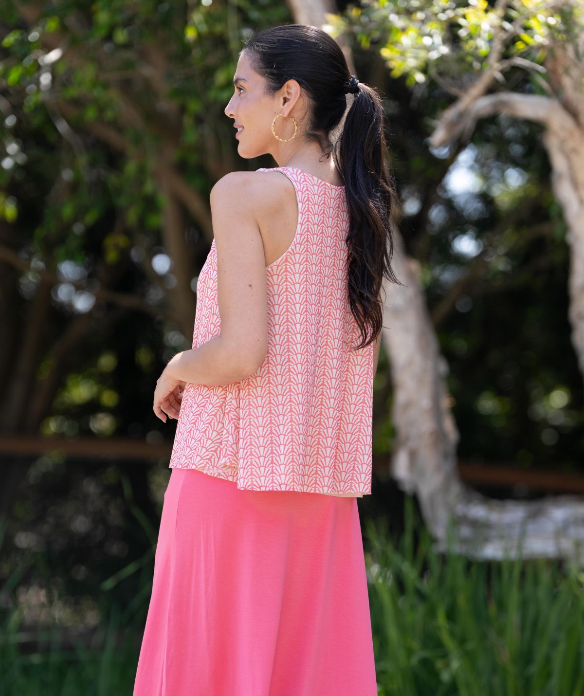 Model is 5'9, wears bra size 34C (Shebird size 3) Coral Shell Print #color_coral shell print