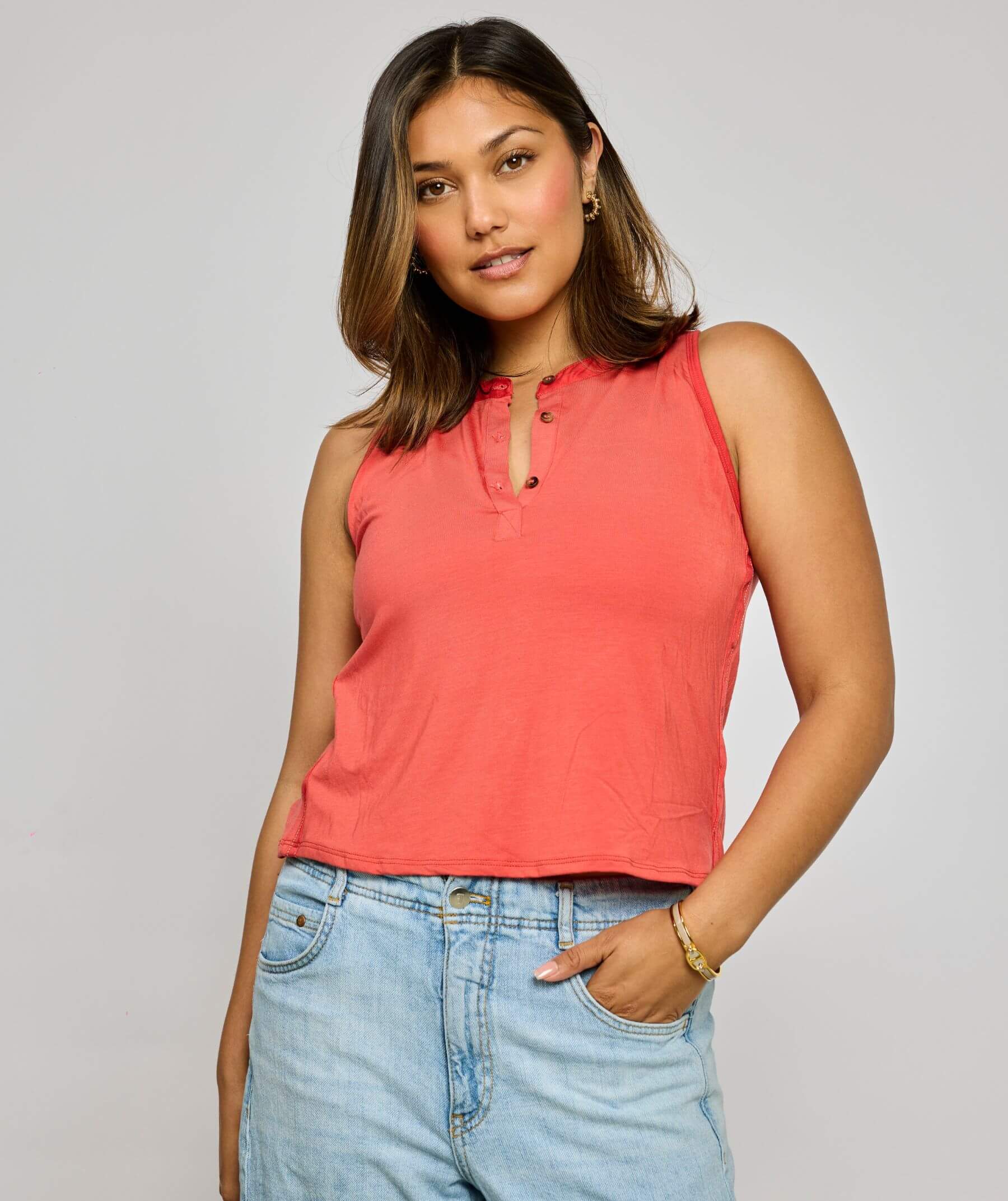 Sheila Henley Sleeveless Top With Built-in Bra